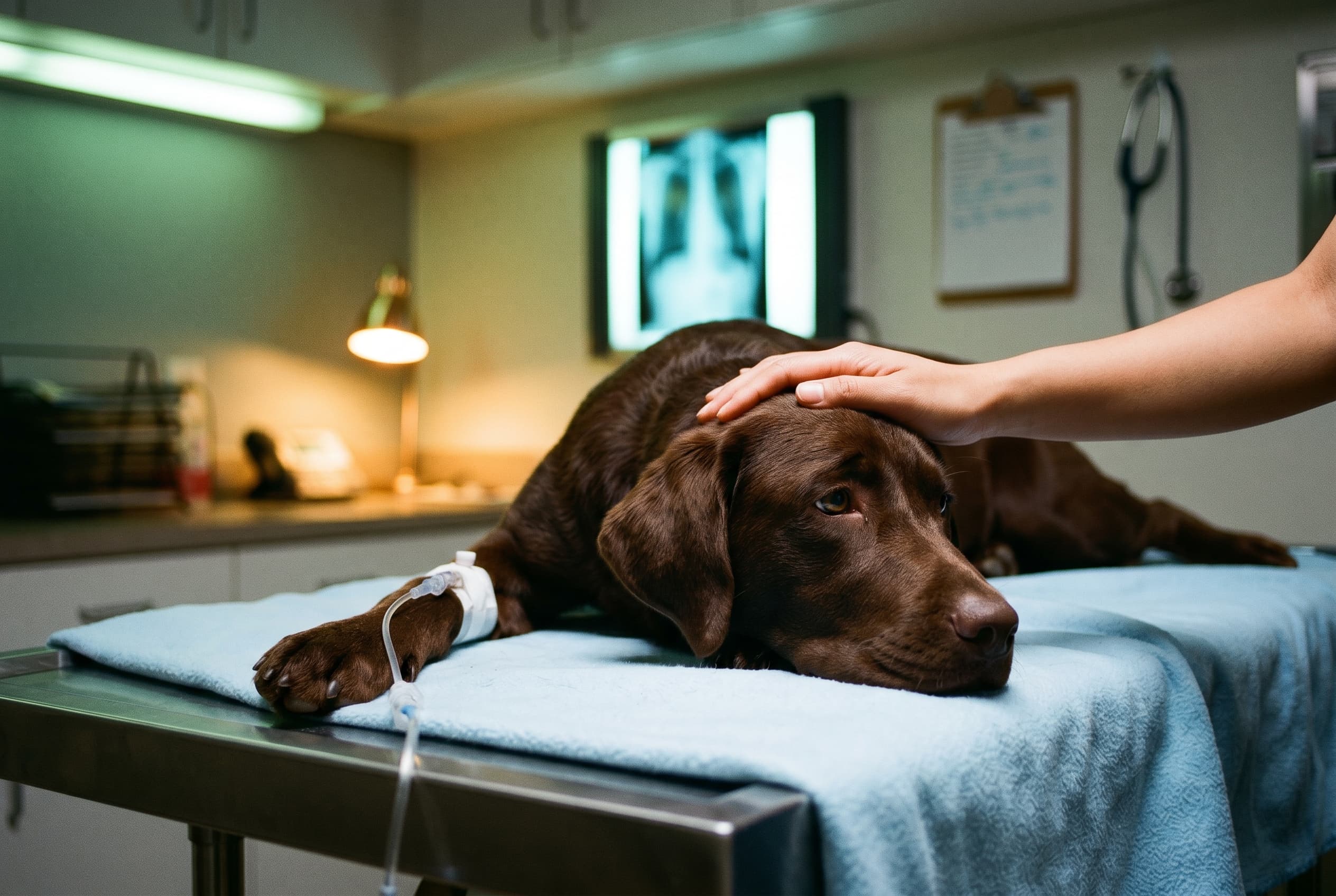 A hand on a chocolate lab's head at the emergency vet, late at night